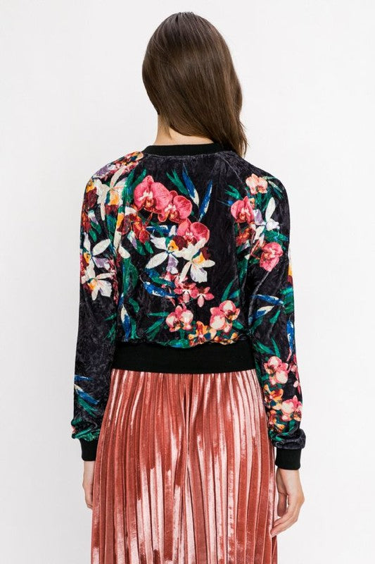 Fashion Black Floral Print Velvet Bomber Jacket
