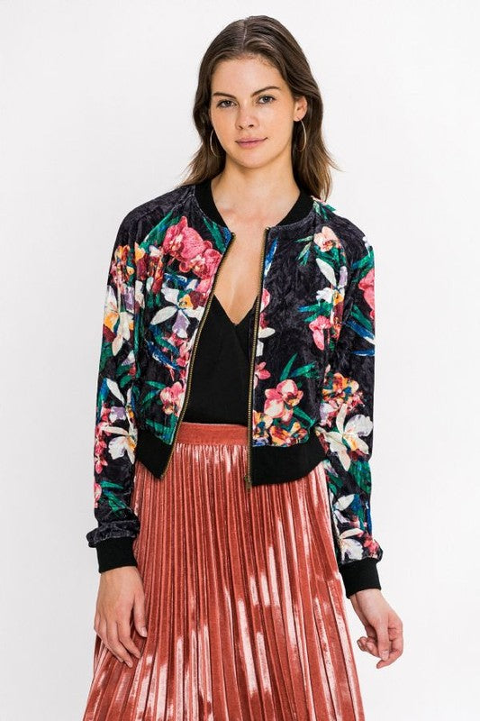 Fashion Black Floral Print Velvet Bomber Jacket