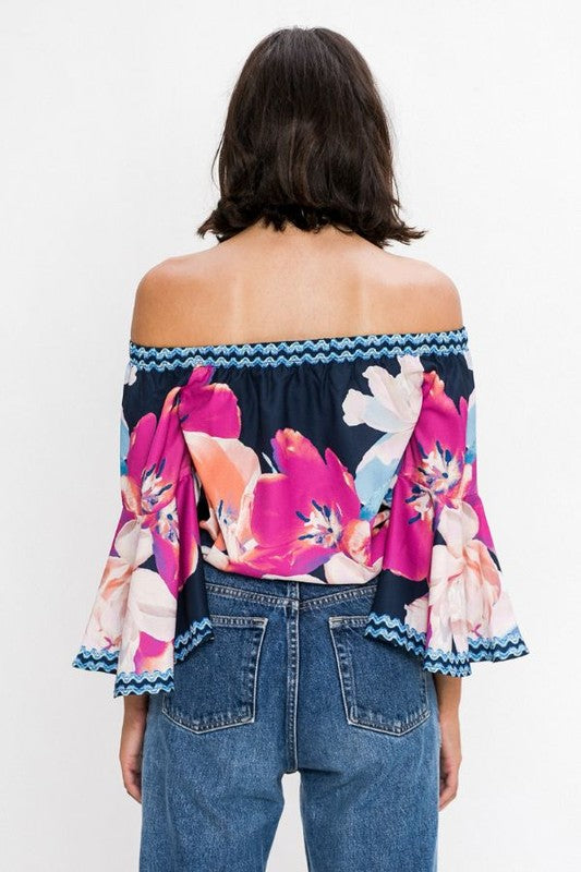 Fashion Off Shoulder Purple Flowers Navy Top With Bell Sleeve