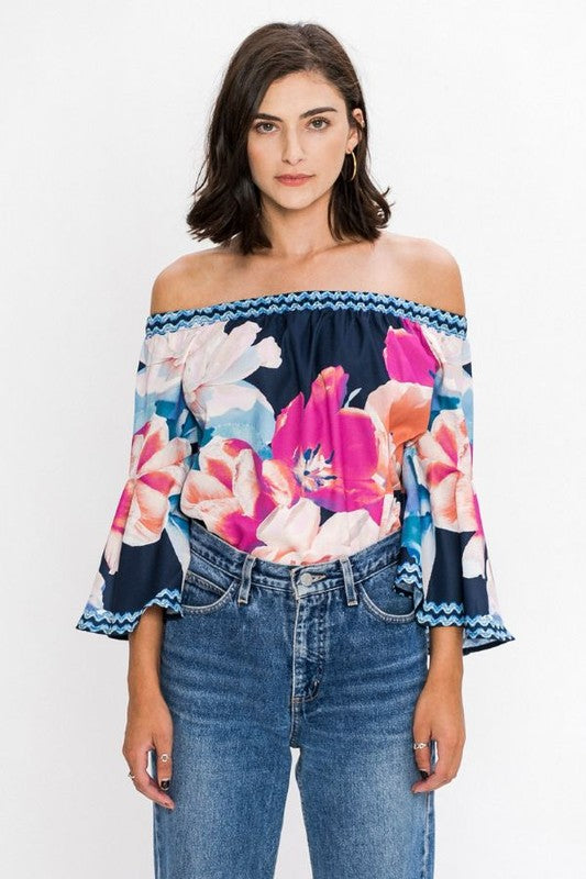 Fashion Off Shoulder Purple Flowers Navy Top With Bell Sleeve