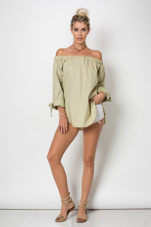Resort Off The Shoulder Beige Tie Top
