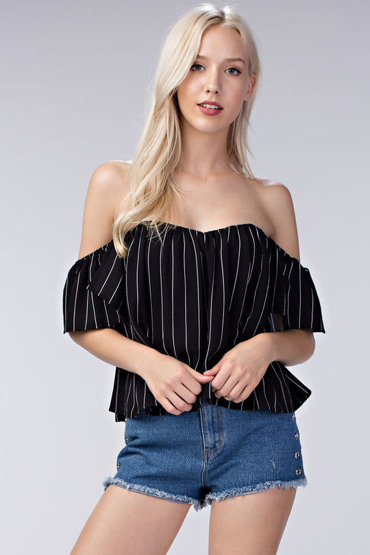 Summer Off Shoulder Striped Contrast Black Top