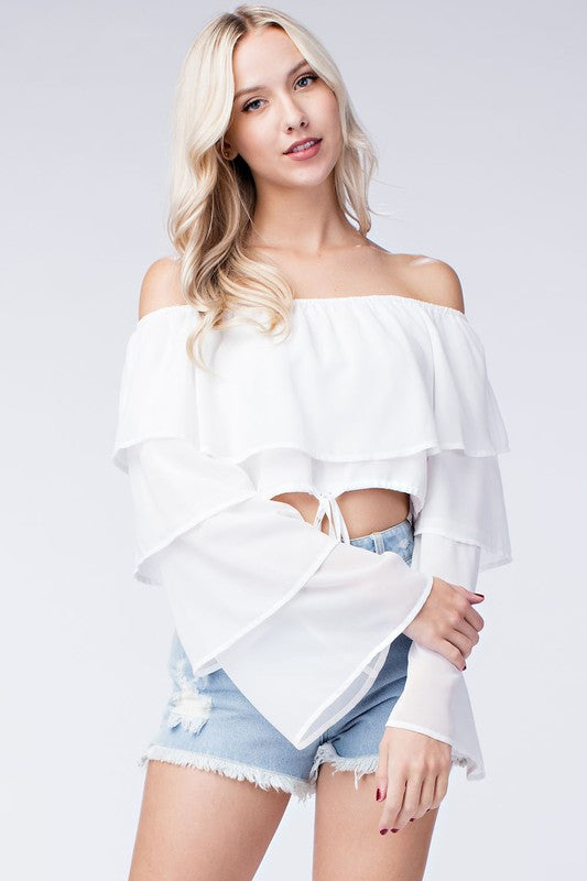 Fashion Off Shoulder Ruffle Layered White Top