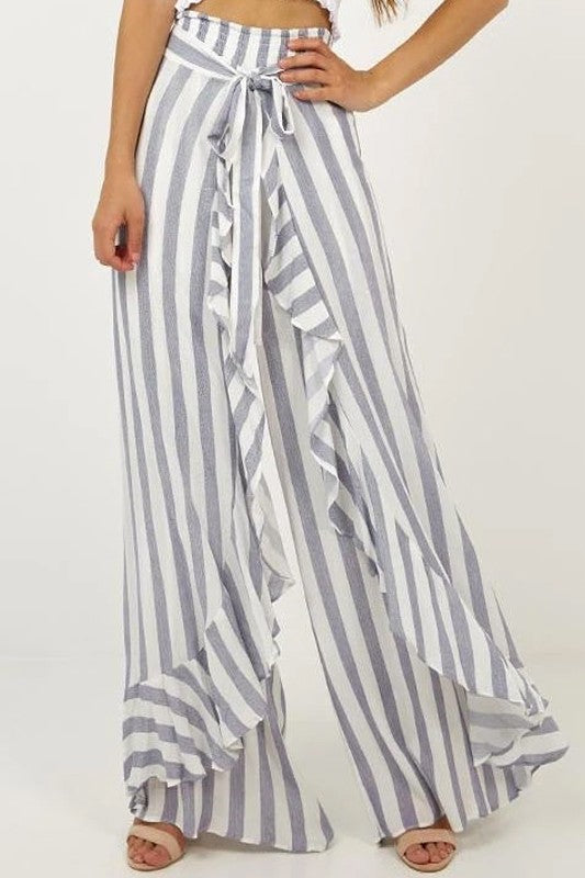 Fashion Ruffle Blue Marine Tie-Up Resort Pants