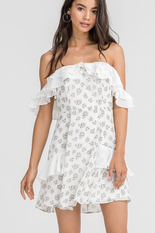 Summer Off Shoulder Ruffle Floral Print White Dress