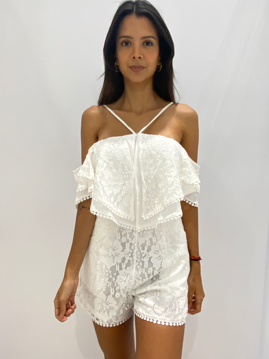 Fashion Off Shoulder White Lace Tassel Romper