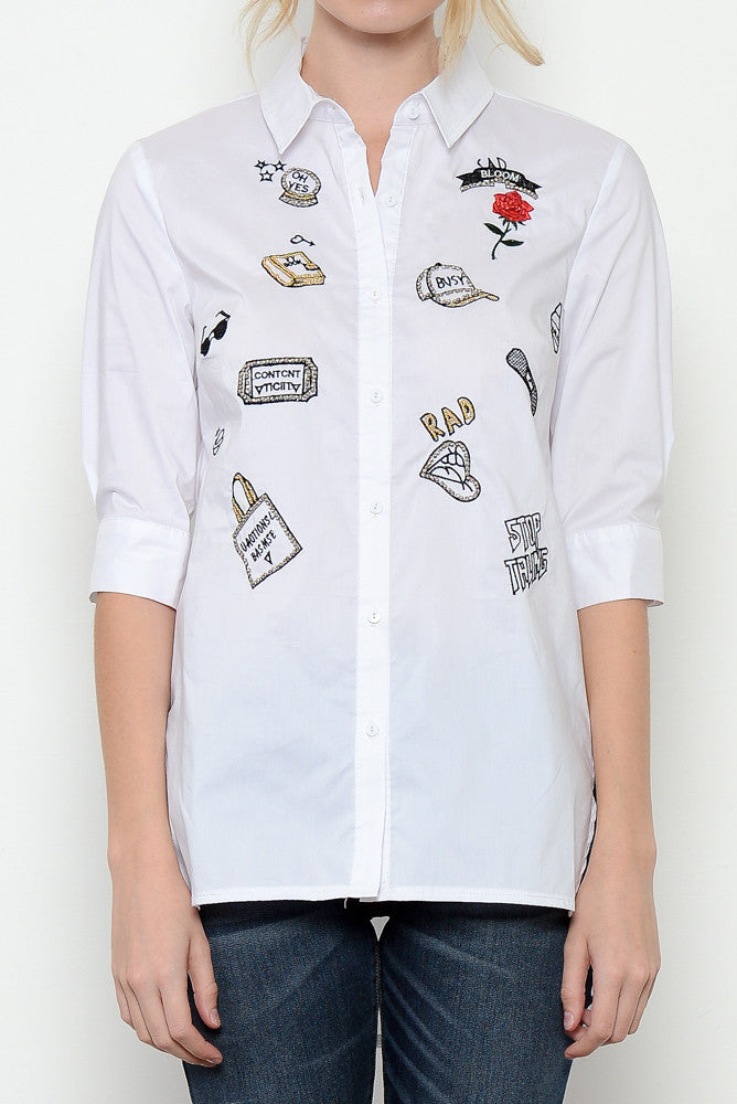 Fashion Embroidery Rhinestone Detailed White Shirt