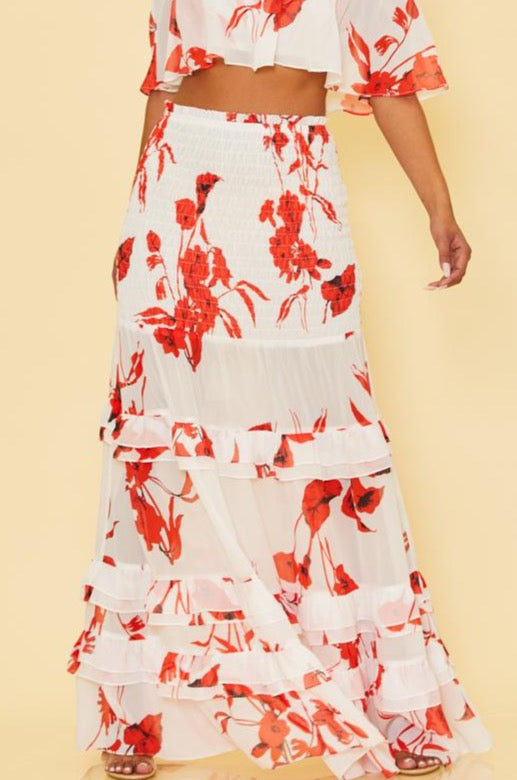 Fashion White Red Floral Print High Waisted Elastic Ruffle Maxi Skirt