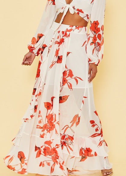 Elegant White Red Floral Print High Waisted Ruffle Maxi Skirt