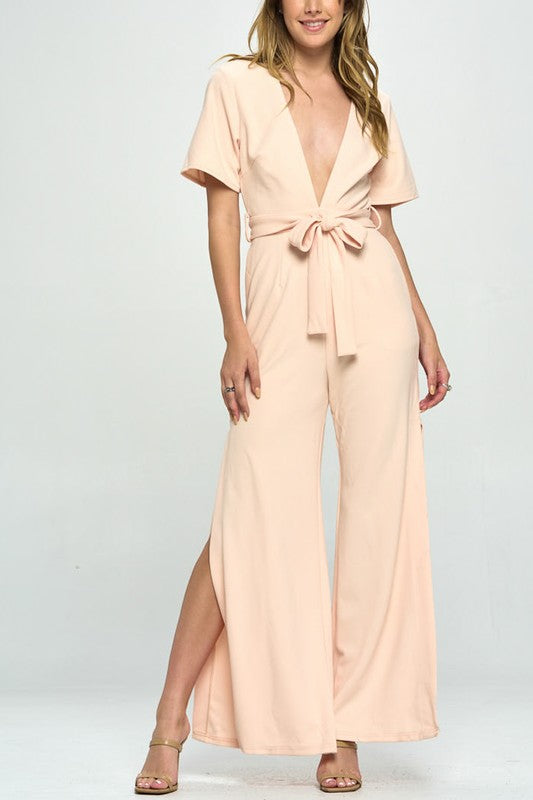 Fashion Sand Deep V-Neck Cut Out Tie-Up Jumpsuit