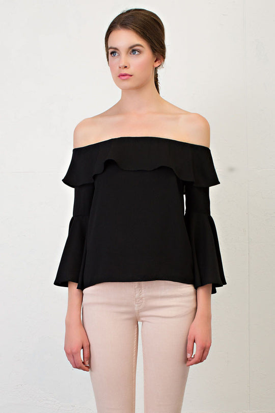 Elegant Black Off Shoulder Flare Bell Sleeve Top
