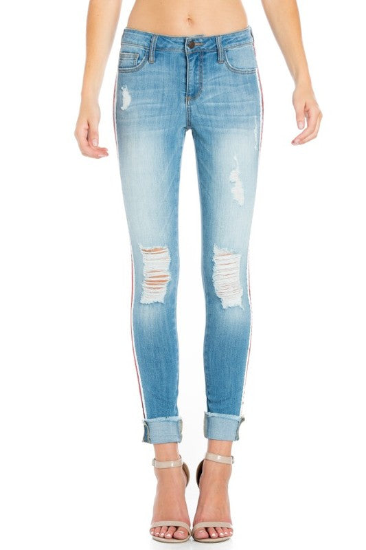 Ripped Skinny Jean with Blue Wash Side Red White Striped Detailed