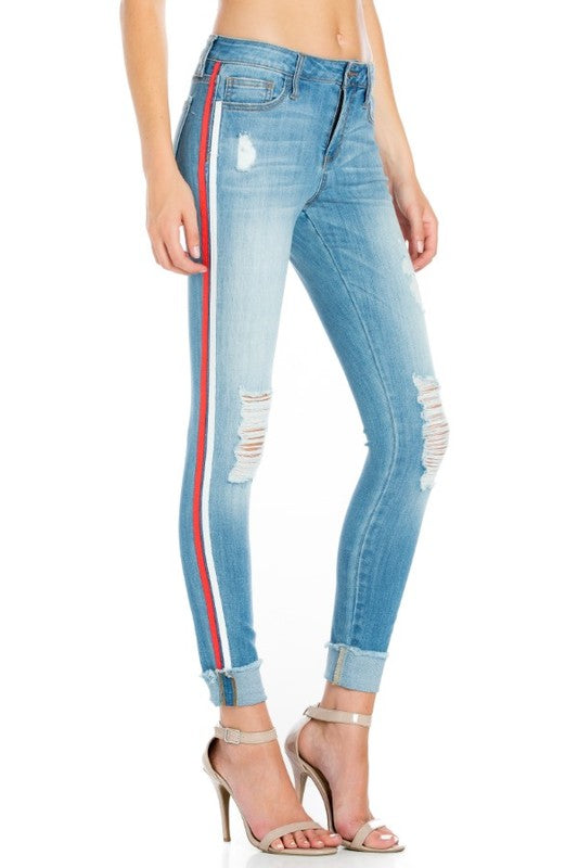 Ripped Skinny Jean with Blue Wash Side Red White Striped Detailed