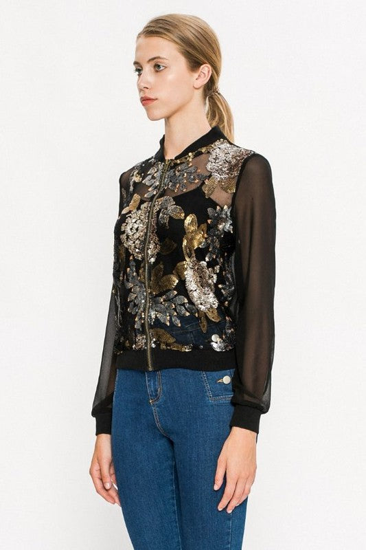 Fashion Multi-Color Floral Sequence Embroidery Black Bomber Jacket