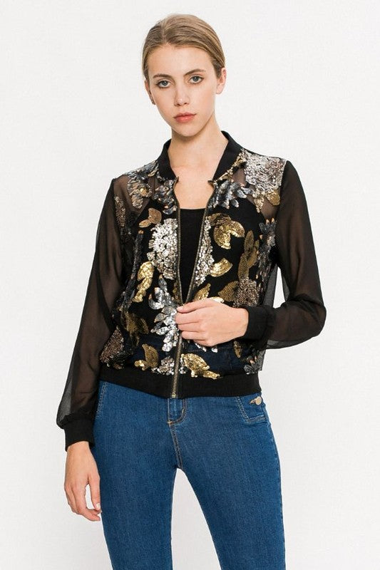 Fashion Multi-Color Floral Sequence Embroidery Black Bomber Jacket