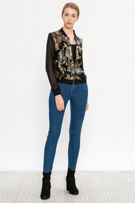 Fashion Multi-Color Floral Sequence Embroidery Black Bomber Jacket