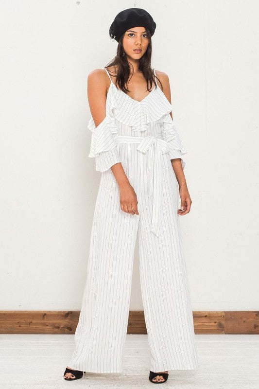 Fashion Cold Shoulder White Contrast Ruffle Jumpsuit