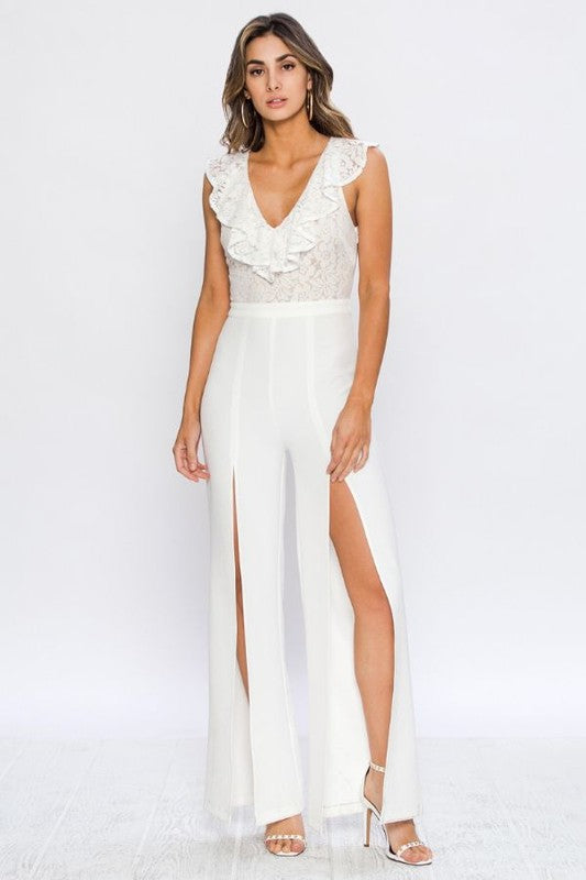 Elegant White Lace Ruffle Sleeveless Cut Out Jumpsuit