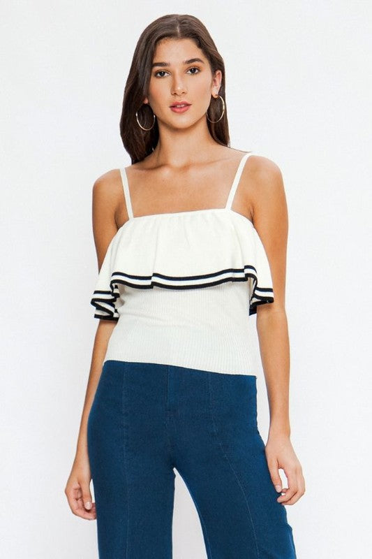 Fashion Strap Ruffle Knit Ivory Top