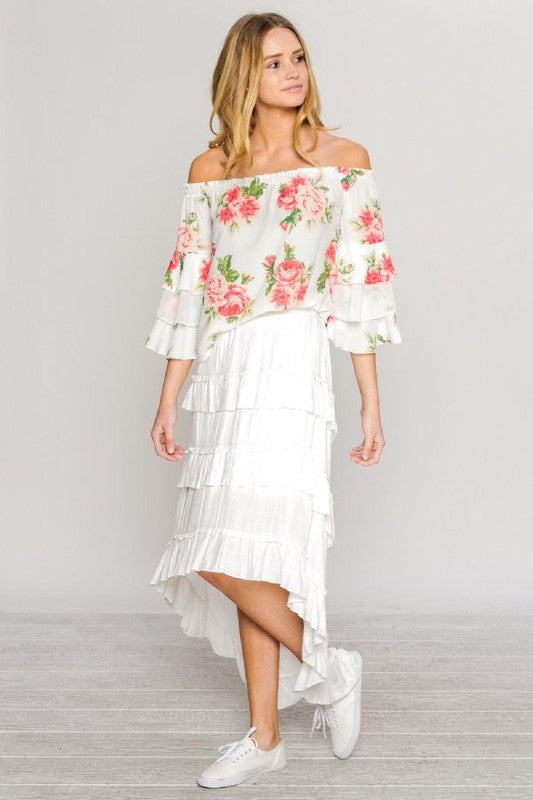 Fashion Off Shoulder Floral Print Ruffle Sleeve Blouse