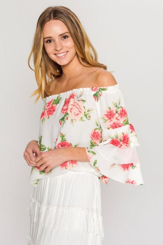 Fashion Off Shoulder Floral Print Ruffle Sleeve Blouse
