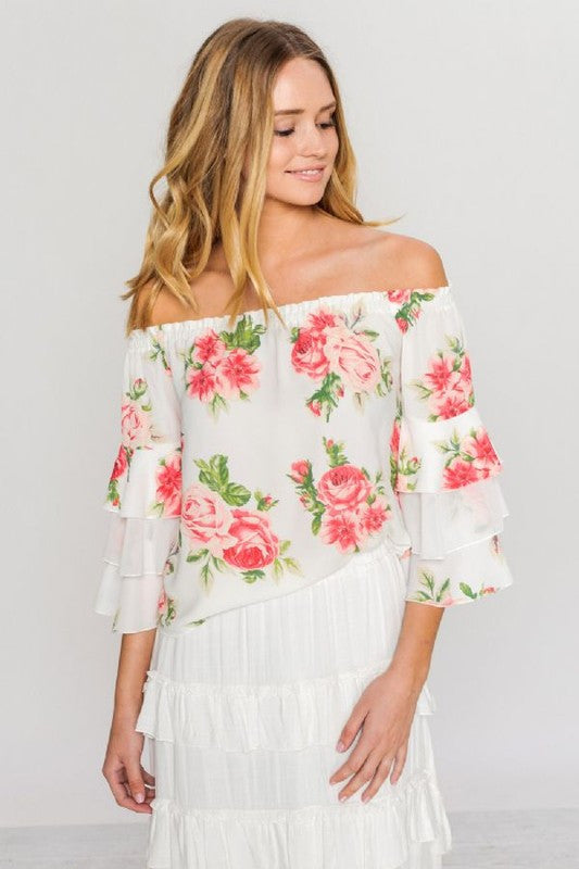 Fashion Off Shoulder Floral Print Ruffle Sleeve Blouse