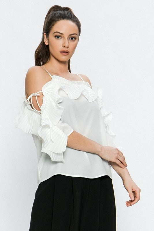 Elegant Off White Ruffle Detailed Strap Top