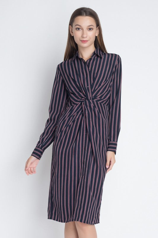 Fashion Navy Contrast Tie-Up Knot Shirt Dress