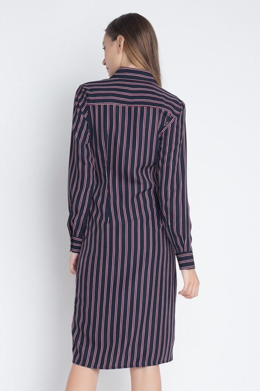 Fashion Navy Contrast Tie-Up Knot Shirt Dress