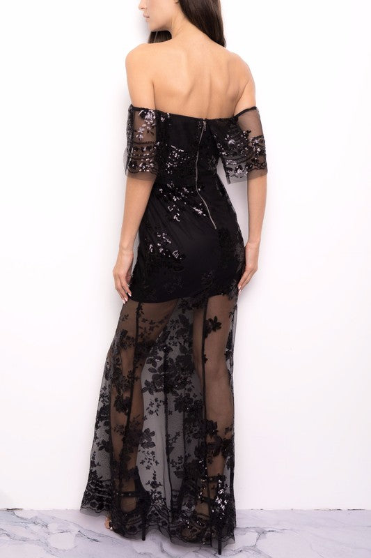 Elegant Cocktail Off Shoulder Black Floral Sequence Maxi Dress