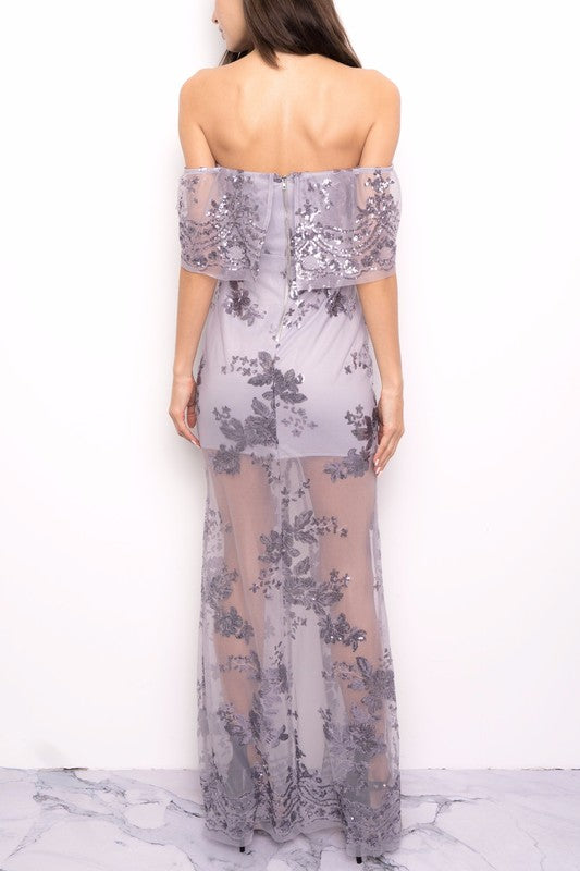Elegant Cocktail Off Shoulder Silver Floral Sequence Maxi Dress