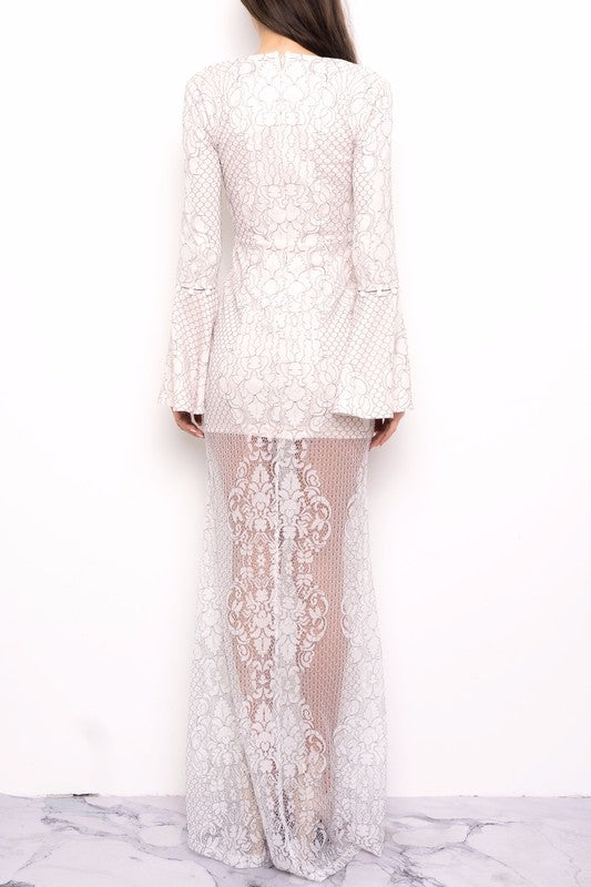 Elegant White Lace Contrast Maxi Dress with Bell Sleeve
