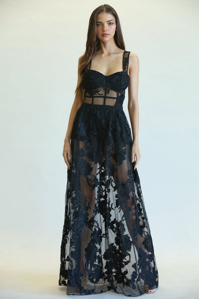 Elegant Black Couture Strap Corset Floral Embroidery Gown
