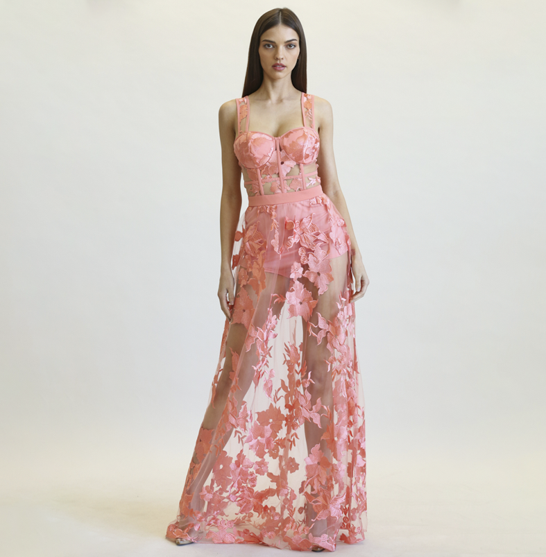Elegant Coral Couture Strap Corset Floral Embroidery Gown