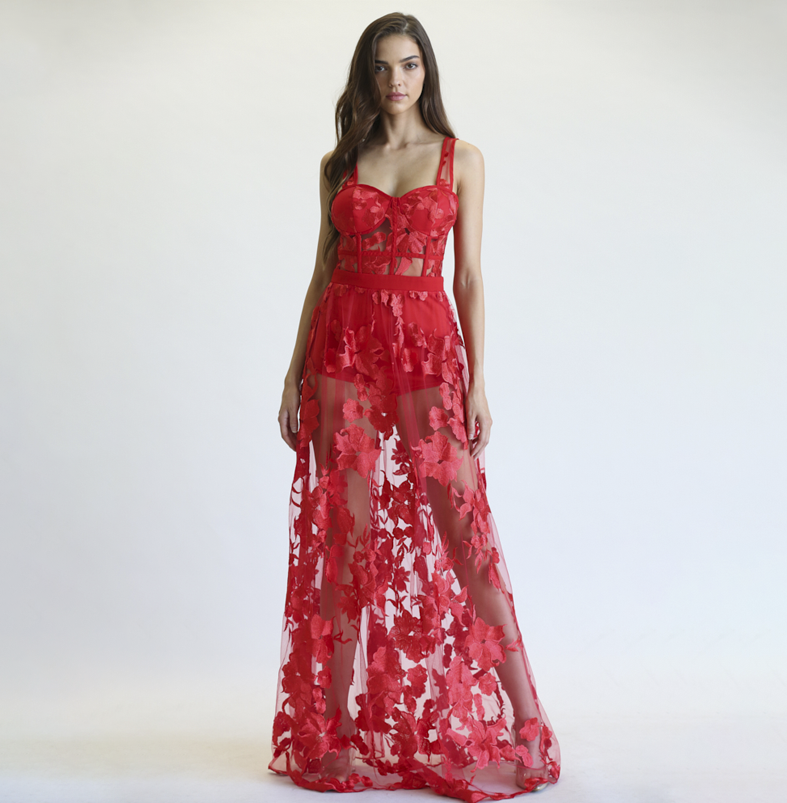 Elegant Red Couture Strap Corset Floral Embroidery Gown