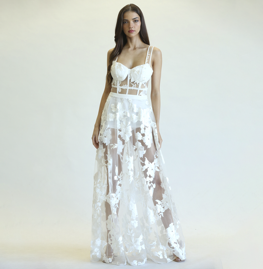 Elegant White Couture Strap Corset Floral Embroidery Gown