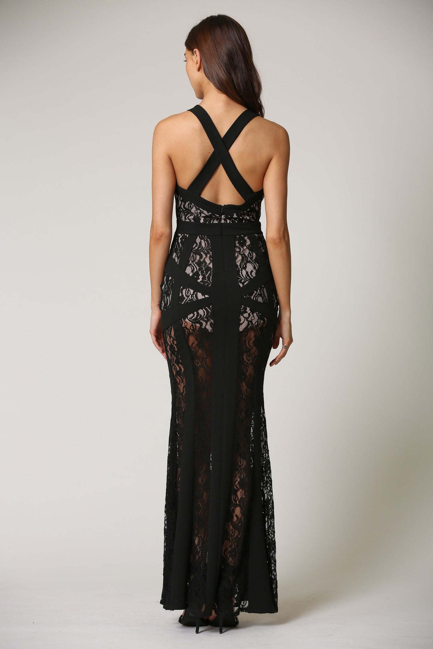 Elegant Black Nude Floral Lace V-Neck Maxi Dress with Middle Slit