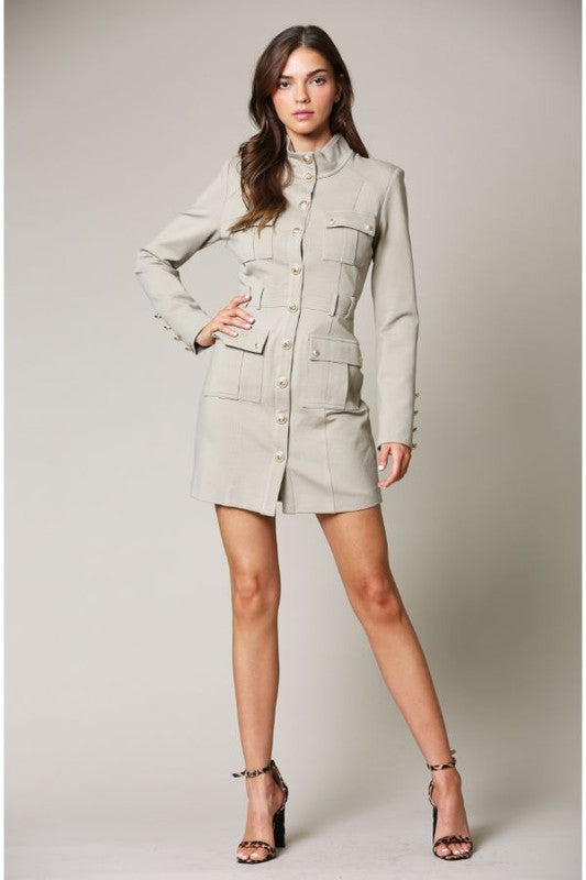 Elegant Taupe Gold Button Down Dress with Long Sleeve