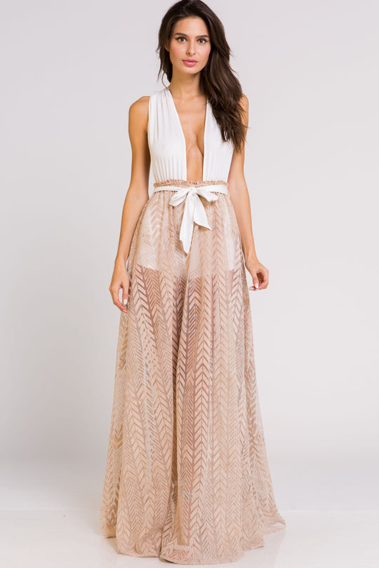 Elegant Beige Halter Cross Tie-Up Maxi Romper