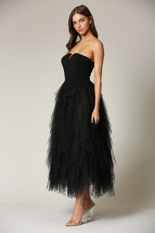 Elegant Black Couture Bodycon Ruffle Puffy Mesh Dress