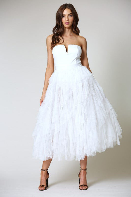 Elegant White Couture Bodycon Ruffle Puffy Mesh Dress