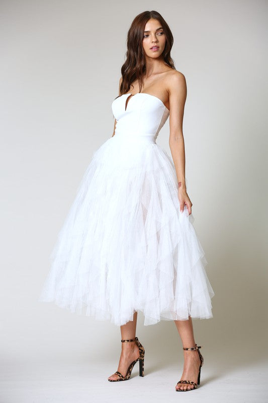Elegant White Couture Bodycon Ruffle Puffy Mesh Dress