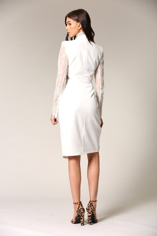 Elegant White Lace Deep V-Neck Cut-Out Dress with Detailed Sleeve