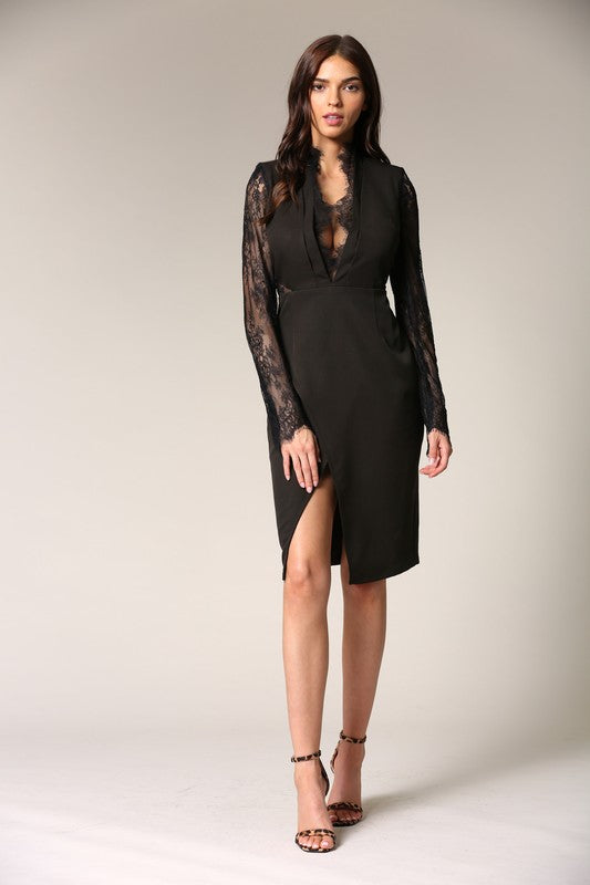 Elegant Black Lace Deep V-Neck Cut-Out Dress with Detailed Sleeve