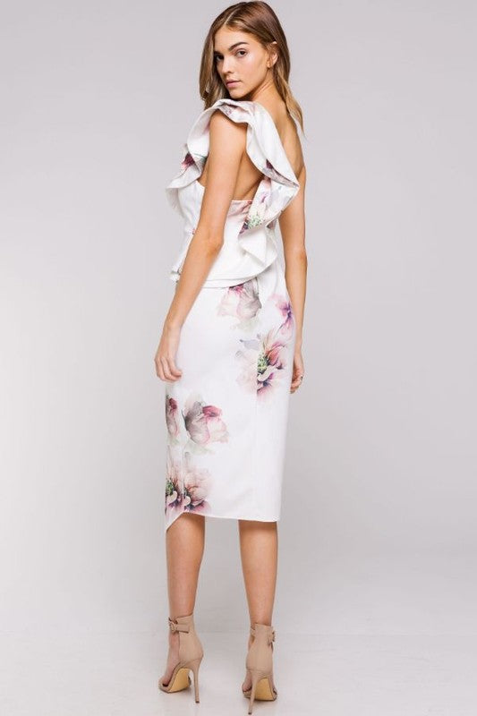 Elegant White Multi-Color Floral Print One Shoulder Ruffle Bodycon Dress with Slit