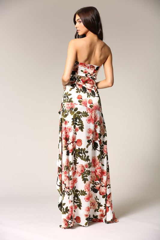 Elegant Strapless Ivory Multi-Color Floral Print Tie-Up Ruffle High Low Maxi Dress