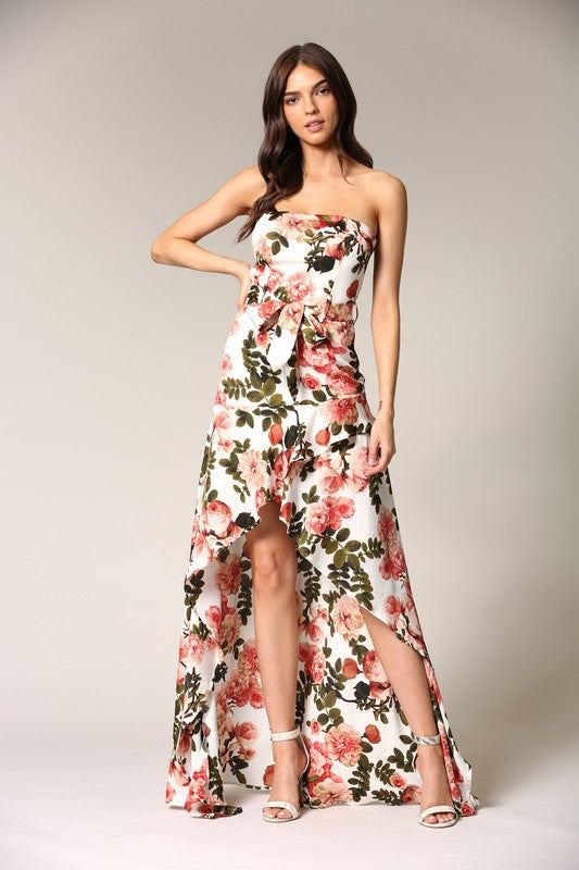 Elegant Strapless Ivory Multi-Color Floral Print Tie-Up Ruffle High Low Maxi Dress