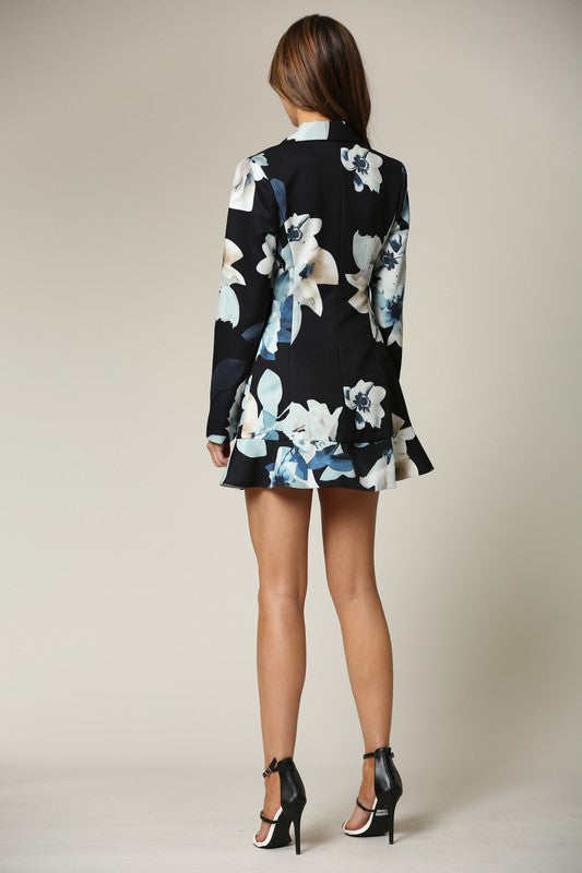 Fashion Black Multi-Color Floral Print Jacket Ruffle Dress with Long Sleeve