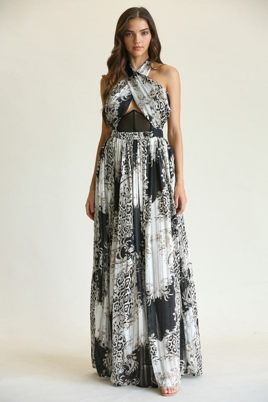 Elegant Black Multi-Color Leopard Print Gold Detailed Textured Halter Cross Maxi Dress