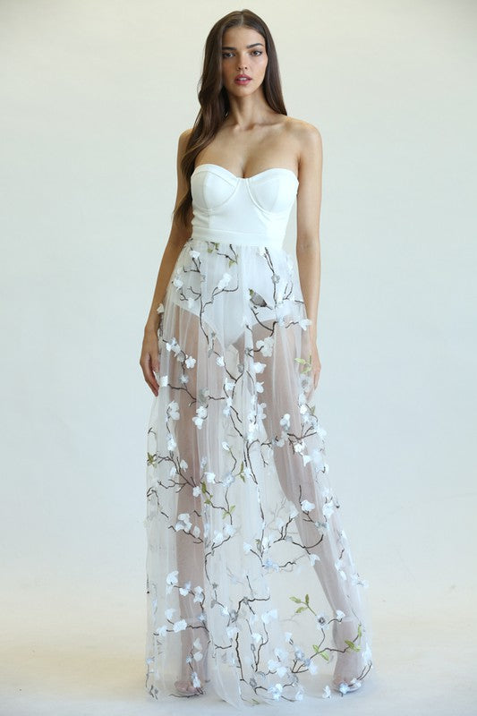 Elegant White Strapless Bodycon Multi-Color Floral Embroidery Mesh Gown